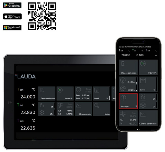 LAUDA Command 应用程序专业版允许通过平板电脑、智能手机或台式机对温度控制设备进行数字控制。© LAUDA 平板电脑和智能手机上的 LAUDA Command Professional 屏幕示意图